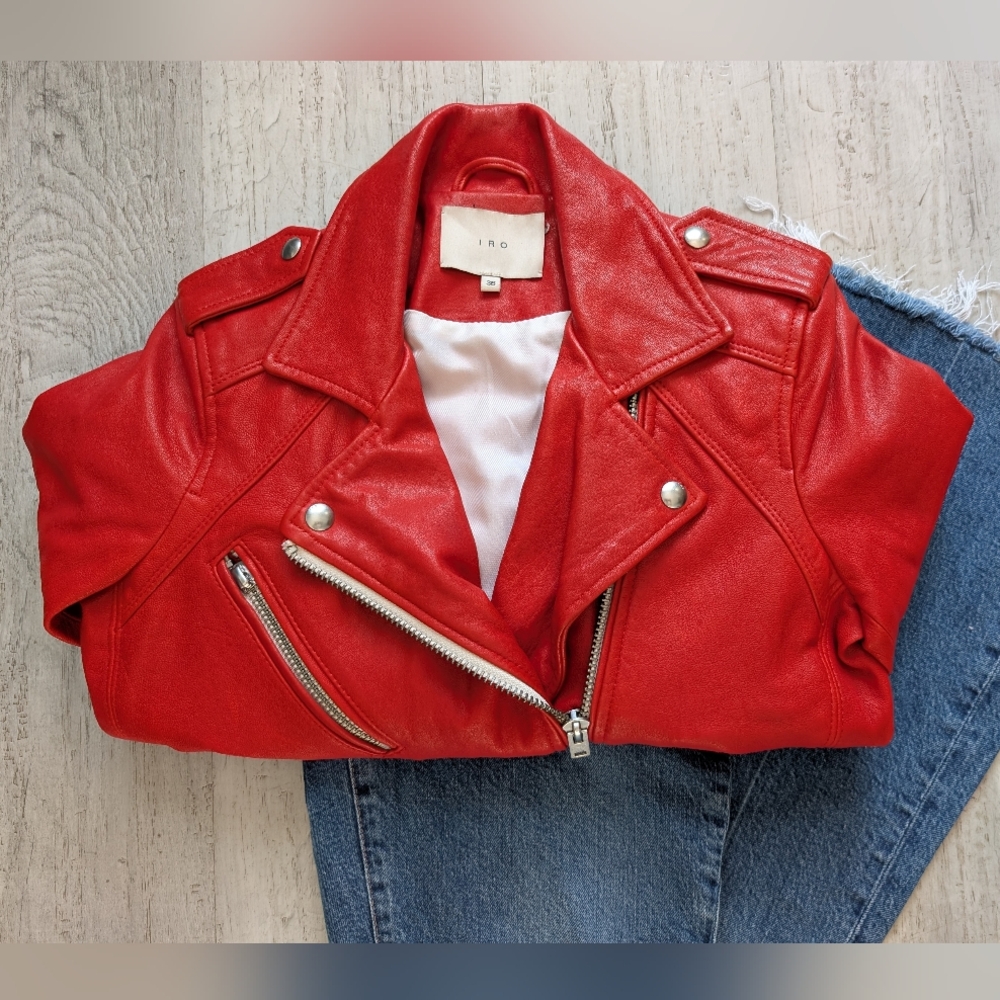 IRO Leather Cropped Moto Jacket/ Bright Red- Nickel Hardware- Size 36